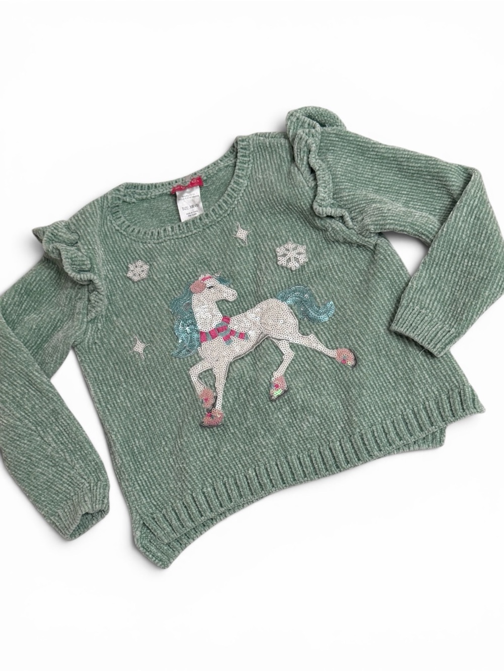 Zunie Girls Chenille Unicorn Sweater XS 4/5 Mint Green Sequin Winter Ruffle